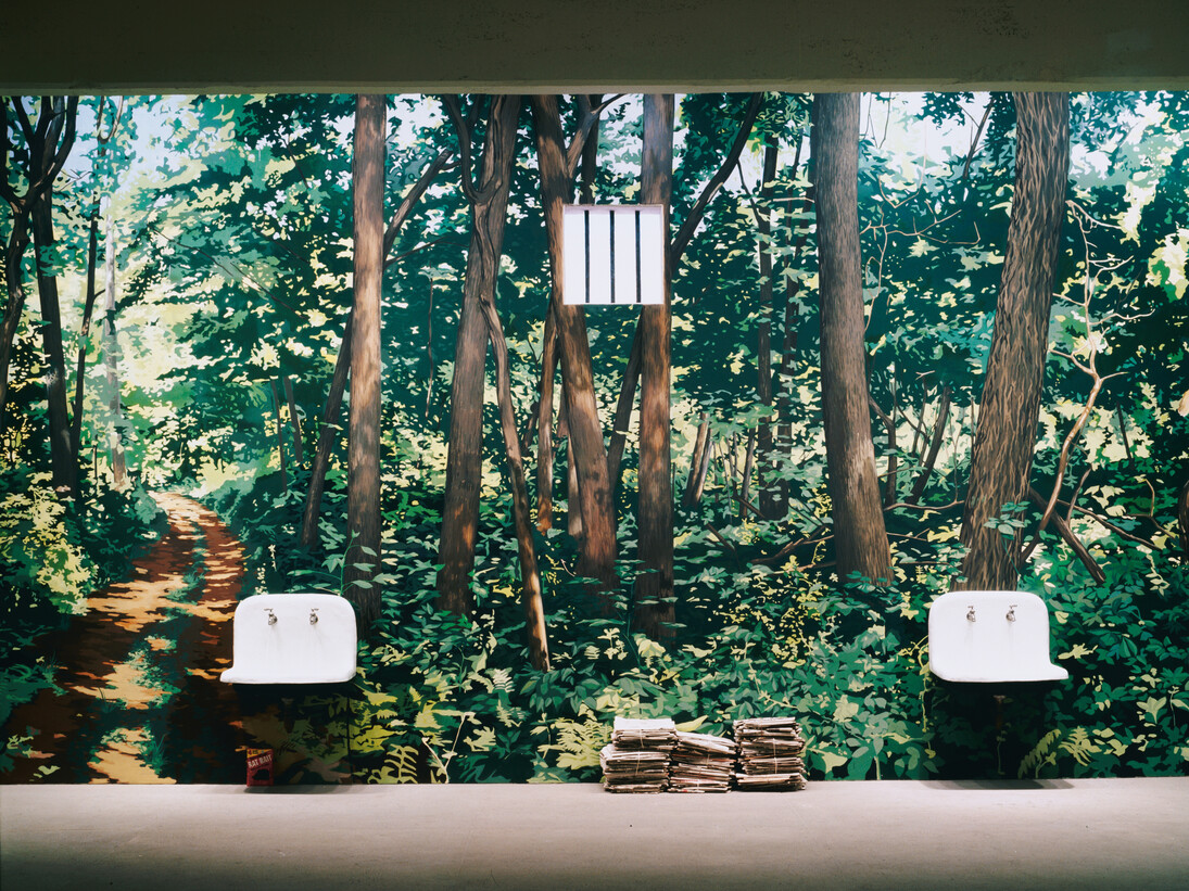 Robert Gober (American, born 1954), Untitled, 1992, Paper, twine, metal, light bulbs, cast plaster with casein and silkscreen ink, stainless steel, painted cast bronze and water, plywood, forged iron, plaster, latex paint and lights, photolithography on archival (Mohawk Superfine) paper, twine, hand-painted forest mural
511 3/4 × 363 3/16 × 177 3/16″ (1300 × 922.5 × 450.1 cm) Glenstone. Image Credit: Russell Kaye, courtesy the artist and Matthew Marks Gallery. Copyright: © 2014 Robert Gober