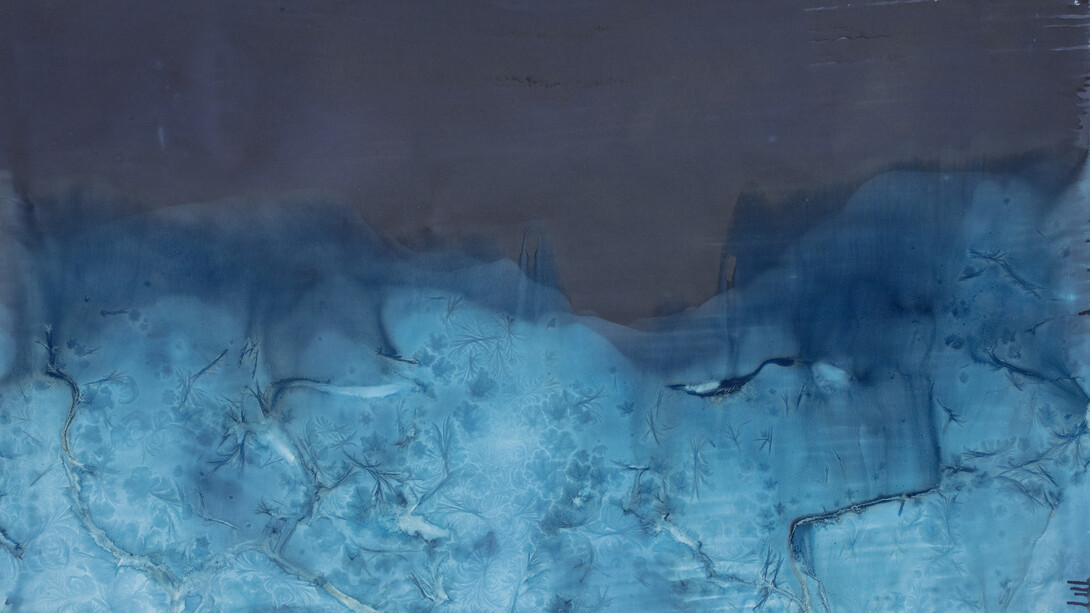 Meghann Riepenhoff, Ice #326 (27-47°F, confluence of shel chelb ephemeral stream and puget sound,
WA 02.25.22), 2022, unique dynamic cyanotype, 42x70 inches. Courtesy of the artist and Haines Gallery,
San Francisco