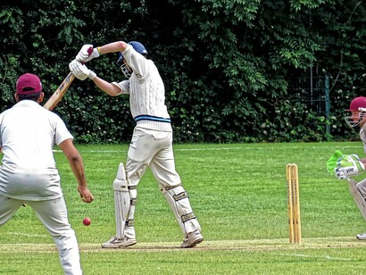 June 2019: Old Finchleians CC Friendly XI (batting) face Highgate Taverners CC 1st XI in a public Sunday match at Old Finchleians Memorial Ground, Woodside Park, Barnet, London, UK