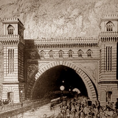 Progetto di Lamont Young per un traforo nella collina di Posillipo, con un canale navigabile che collega le due parti della città, inizi Novecento, Napoli, Italia