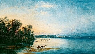 Lago Tacarigua o «de Valencia» (1873). Pintura del naturalista, pintor y artista gráfico Alemán Anton Goering (1836-1905), quién viajó por Venezuela entre 1866 y 1874, recolectando muestras de plantas y animales (Galería de Arte Nacional, Caracas, Venezuela)
