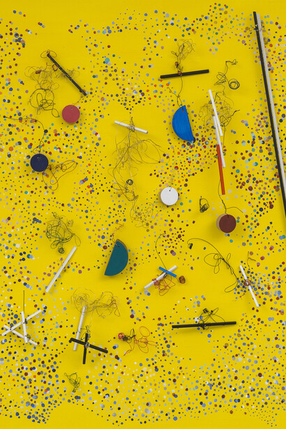 Cecilia Biagini, Interpolation on Yellow, 2021, Acrylic on linen, wood, wire, 24 x 20 in, 60.96 x 50.8 cm