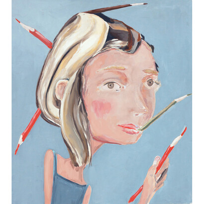 Micha Patiniott, Five Pencils, 2014, oil on canvas, 49 x 43 inches