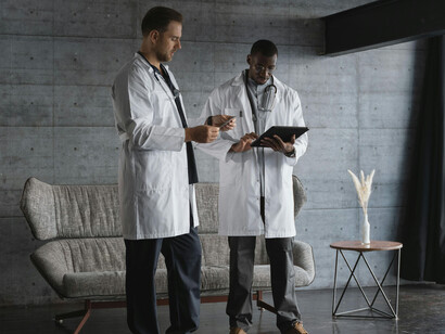 Médicos en una conversación sobre los siguientes pasos a tomar. Para liderar eficazmente en el sector salud, es crucial contar con una combinación de habilidades técnicas y blandas