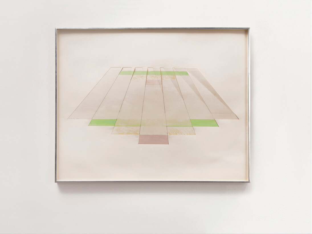 Richard Smith, Seven Tan Shafts with Pink, Green, Orange, Mauve bases, 1968, Mixed media, 30 x 66 cm, 12 x 26 in, © Richard Smith, courtesy of Flowers Gallery