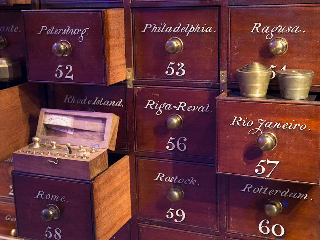 Cabinet of foreign weights, 1919-20 (detail) © Jody Kingzett.  Courtesy of Science Museum 