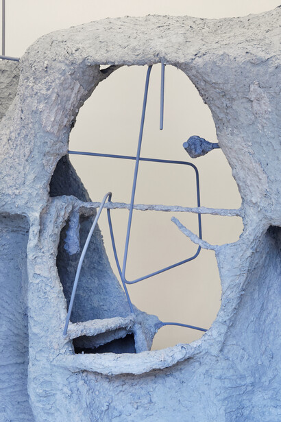 Detail of Roost, 2018. Steel, mesh, chicken wire, newspapers, glue, plaster, paint, 228 x 170 x 160 cm. Credit: Corey Bartle- Sanderson