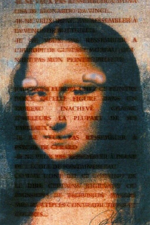Orlan, Je ne veux pas ressembler à Mona Lisa, 1998, stampa laser, cm 32x24, collezione Carlo Palli, Prato