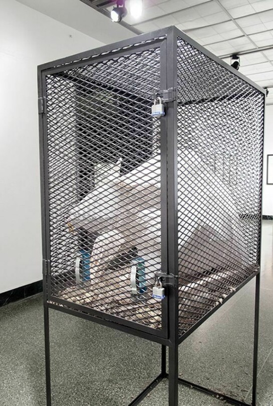 Aaron Bennett, When You Durst Do It, Steel, paint, ink, gesso, t-shirt, found object, food, water, rats