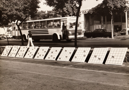 Eugenio Espinoza, Untitled, 1971, Installation view Sala Mendoza, Caracas, 1971. Ten screenprints on wooden boards, 39 3/4 x 29 1/2 inches each, Courtesy the artist