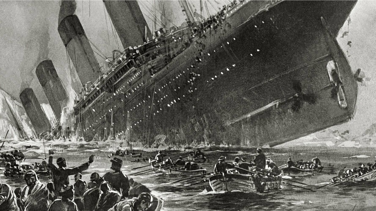 Ilustração do Titanic no momento de seu afundamento, em meio ao caos e à escuridão do oceano. Embora tenha se tornado o desastre marítimo mais famoso da história, sua tragédia contrasta com a de outro navio ainda mais letal, porém menos lembrado
