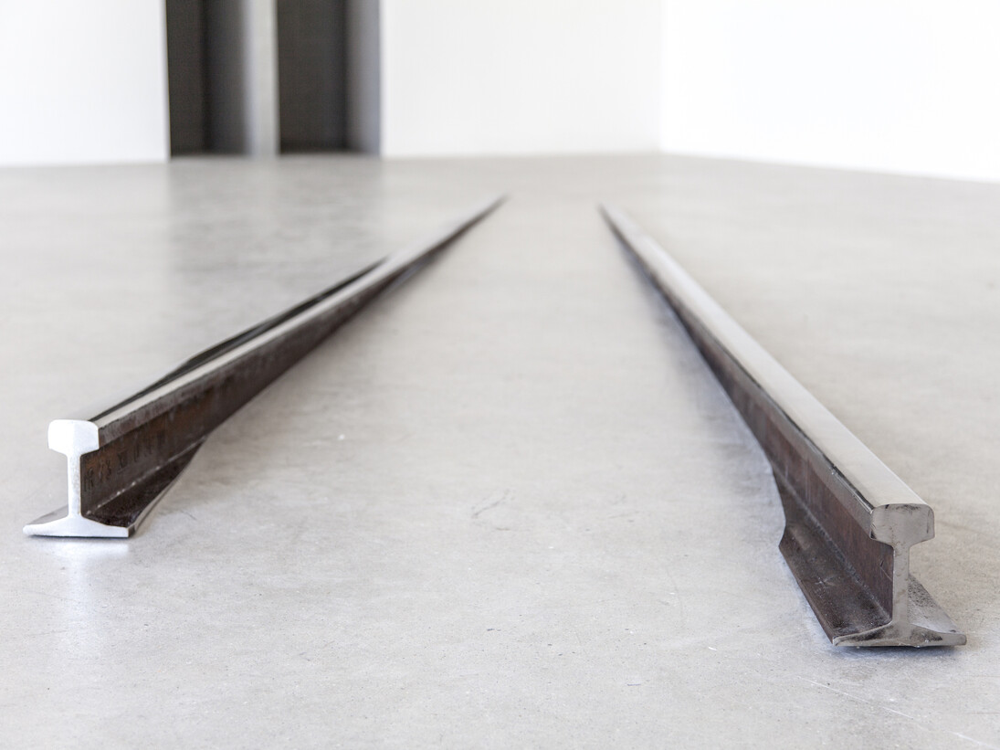 Oliver Beer Highway (2014) Polished train rails Two parts, each 600 x 15.3 x 15 cm.  Image © the artist. Courtesy of Ikon