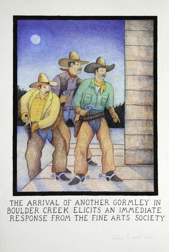Glen Baxter, The arrival of another Gormley in Boulder Creek elicits an immediate response from the Fine Arts Society, 2012, ink and crayon on paper, 60.75 x 41 inches, courtesy of Flowers Gallery