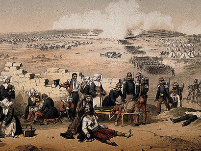 Crimean War: Sisters of Charity nursing wounded soldiers from the Battle of Inkermann. Coloured lithograph by Le Par after himself