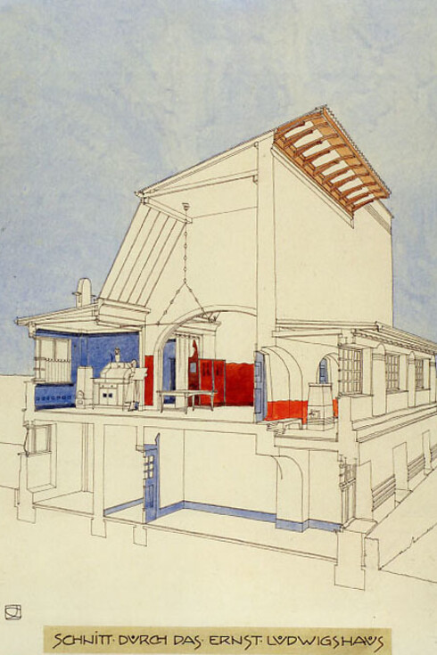 Joseph Maria Olbrich, Perspektivischer Schnitt des Ernst-Ludwig-Hauses, 1899-1900. Feder, Bleistift und Aquarell auf Papier.