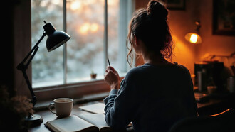 A writer working remotely in a cozy home, captured from behind, immersed in their craft