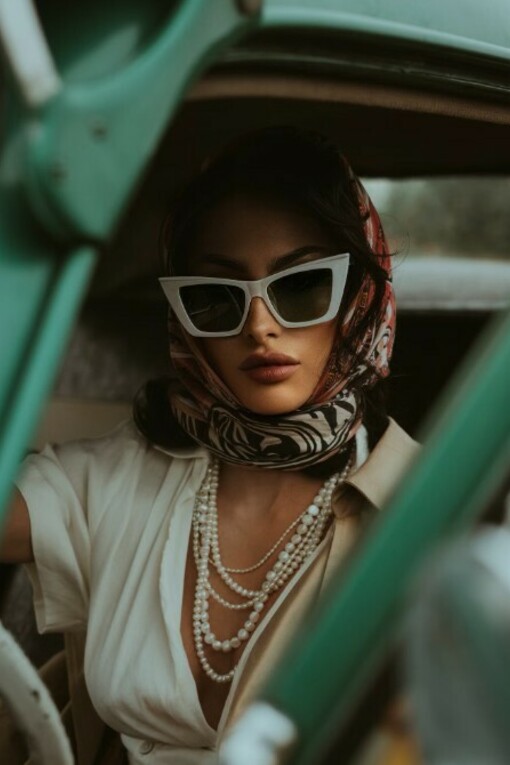 A woman relaxing in the back seat of a classic car, her sunglasses and scarf adding to the nostalgic atmosphere