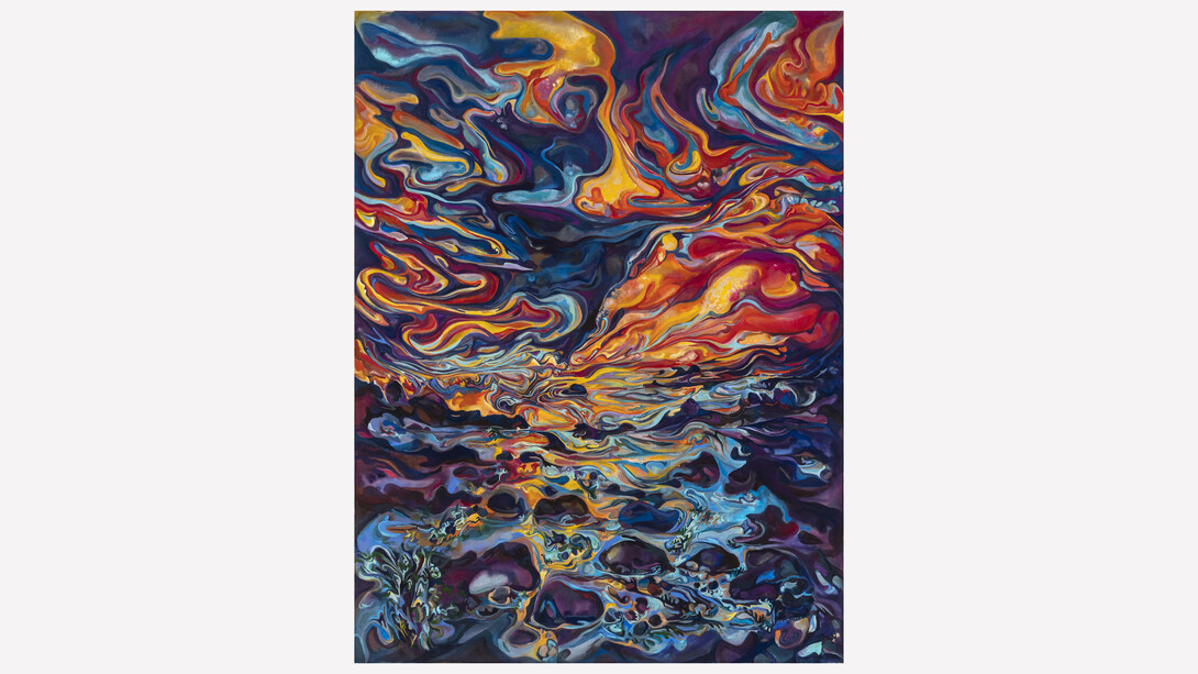 Maria Calandra,
Descending on Fiery Beams, 2023,
Acrylic on linen, 72 x 54 inches. Courtesy of Fredericks & Freiser, NY