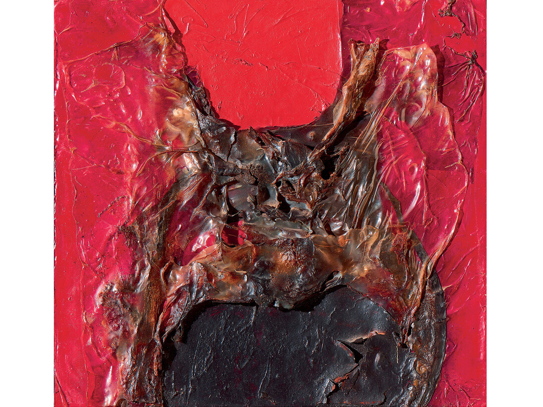 Alberto Burri, Nero Rosso Combustione, 1964, plastic, acrylic, wood, vinavil and combustion on cellotex, 28 x 29,5 cm, Courtesy Fondazione Burri and Mazzoleni London