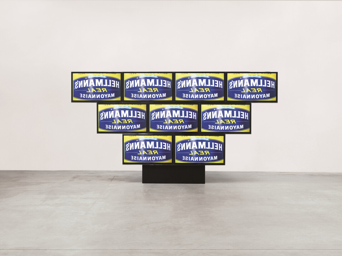 Sturtevant. Elastic Tango. 2010. Nine-channel video installation. 87 3/8 x 158 x 27 in. (221.9 x 401.3 x 68.6 cm); video: color, sound, 11 min., 2 sec. Private collection, Switzerland. Courtesy Gavin Brown’s enterprise. Photo: Thomas Mueller. © Estate Sturtevant, Paris