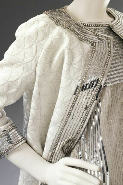 Evening dress of embroidered net and matelasse coat (detail), 1966, Mila Schön, 1 MB, Courtesy Maison Mila Schön, Photo © Victoria and Albert Museum, London