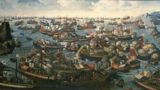 A Batalha de Lepanto, de 7 de outubro de 1571, um confronto naval entre as forças cristãs aliadas e os turcos otomanos. A pintura é quase contemporânea, mas apresenta uma "interpretação imaginativa" da batalha. Parece ser baseada em uma gravura veneziana de Martin Rota, datada de 1572