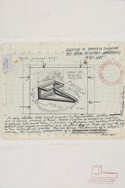 Paul Neagu, Drawing for the sculpture ‘Hyphen’
1985, Pencil, black ink and black ballpoint pen on graph paper printed in green with polar co-ordinates, Victoria and Albert Museum, London
© Estate of Paul Neagu/DACS London 2015

