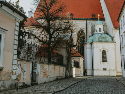 Cobblestone paths winding beside St. Martin’s Cathedral, Bratislava, Slovakia