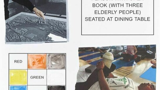 John Baldessari, Storyboard (in 4 Parts): Person With Open Book (With Three Elderly People) Seated Dining Table, 2013, Varnished inkjet print on canvas with acrylic and oil paint
205,4 x 237,2 cm
80 7/8 x 93 3/8 inches
Copyright John Baldessari
Courtesy Sprüth Magers Berlin London
