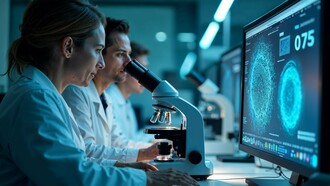 Scientists analyzing microscopic specimens alongside digital biological models, representing the future of precision medicine