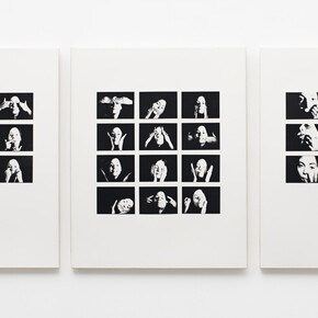 Hannah Wilke, Gestures (Triptych), 1974-76, 30 vintage black and white photographs in 3 frames, 102.2 x 82.5 cm, 40 1/4 x 32 1/2 ins framed, each. Courtesy Alison Jacques Gallery, London and Hannah Wilke Collection and Archive, Los Angeles. © Marsie, Emanuelle, Damon and Andrew Scharlatt, Hannah Wilke Collection & Archive, Los Angeles. Licensed by VAGA, New York, NY/ DACS, London.

