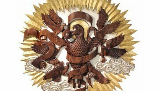 Flight of the Dodo, 2013, walnut, gold leaf, and silver leaf, 40 in diameter | 102 cm diameter