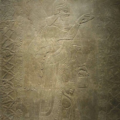 Anonymous (Assyrian), Winged Genie Pollinating the Date Palm, 883–859 B.C.E, Reign of Ashurnasirpal, Alabaster, 94 x 90 inches. Collection of Middlebury College Museum of Art. Gift of Dr. Wilson A. Farnsworth, Class of 1848. The restoration of this relief was made possible in part by funds raised in 1989 by the Friends of Art at Middlebury College in celebration of their twentieth anniversary. Additional funds were provided by the Getty Grant Program and American Greetings. 0.114