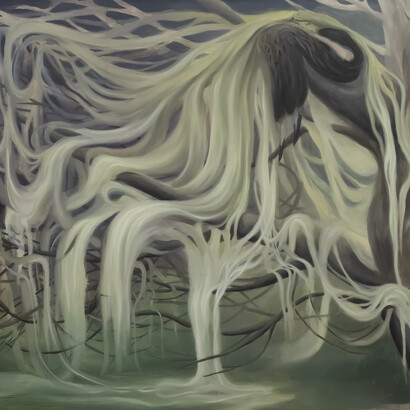 Qing Zhu, Salice piangente al chiaro di luna, 2023, olio su tela, 130x160 cm