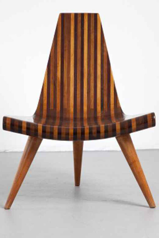 Joaquim Tenreiro (Brazilian, 1906-92) Three-legged chair, ca. 1947 Wood 27.5 x 22 x 24 in. Collection R & Company, New York