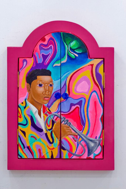 Samson Bakare, Songs of hope, 71x61cm, acrylic on canvas, wooden window frame. Courtesy of DCG and the artist