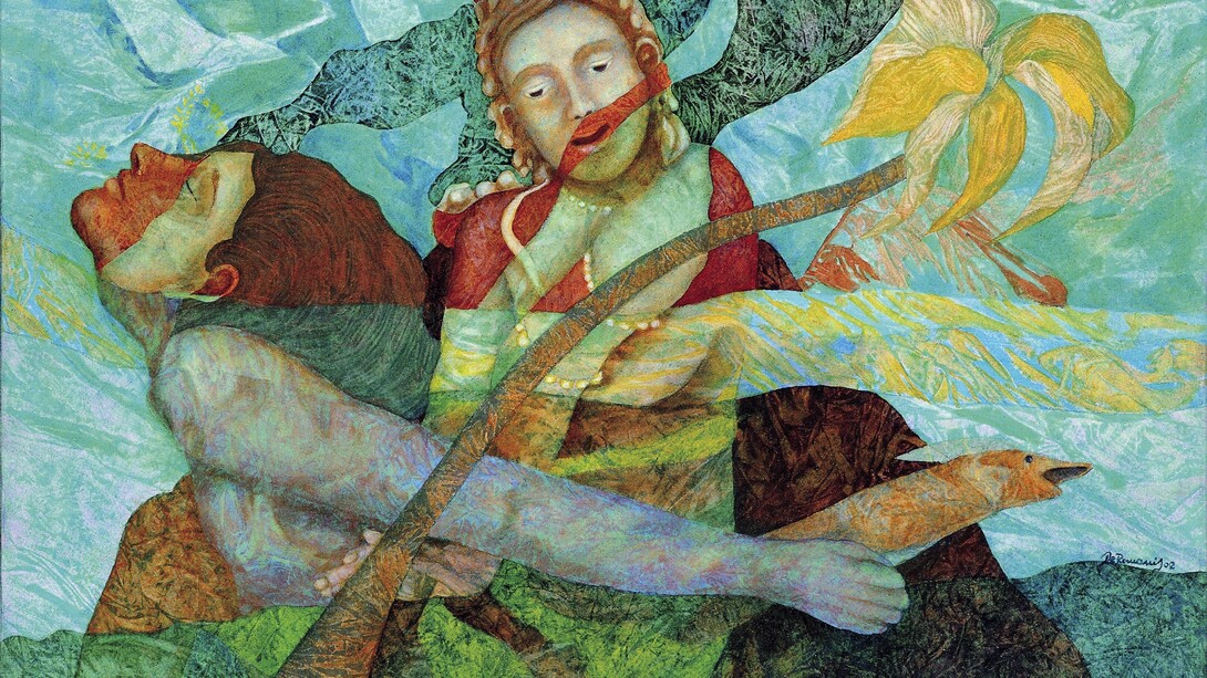 Agostino De Romanis. In braccio alla divinità, 2002, olio su carta rintelata, cm. 60x80
