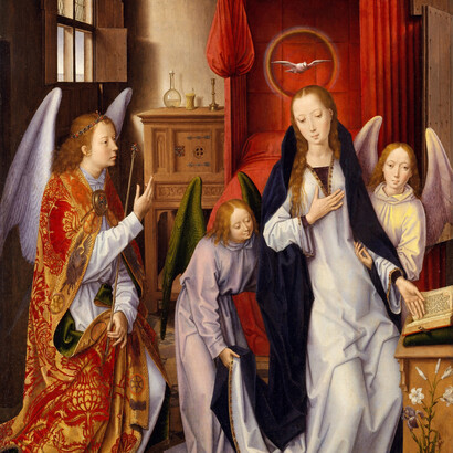 Hans Memling; La anunciación, c. 1480, Museo Metropolitano de Arte, Nueva York (detalle)