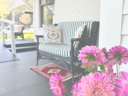 The beautifully decorated porch from The Claremont Hotel at Acadia National Park. Photo by Jamie Edwards