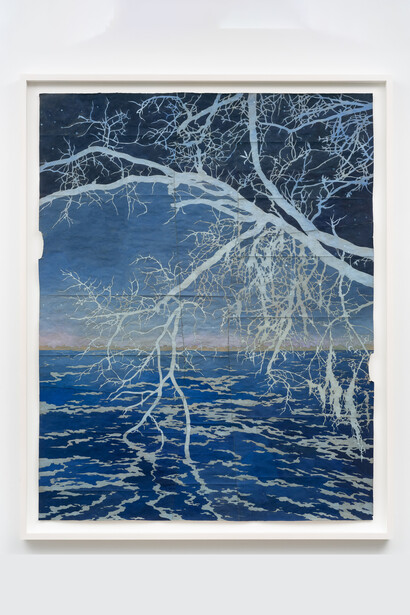 Maysey Craddock, a world is blue with night, 2023. Gouache, flashe, and thread on found paper, 49 x 38 1/2 in. (53 x 42 1/2 in). framed. Photography Credit: Phil Maisel. Courtesy of Sarah Sheperd Gallery