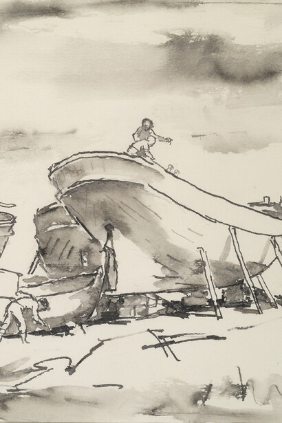 Dimitris Davis, Boatyard, 1962, Ink and diluted ink on paper, 24 x 34 cm