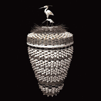 Ronni-leigh Goeman, Onondaga, and Stonehorse Goeman, Tonawanda Seneca, Blue Heron with Baby basket, Black ash, sweet grass, buffalo horn, moose hair and antler