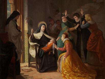 Luis de Madrazo y Kuntz; Primer milagro de Santa Teresa de Jesús. Resurrección de su sobrino, Gonzalo Ovalle, hijo de su hermana, Juana de Ahumada, 1855, Museo del Prado, España (detalle)