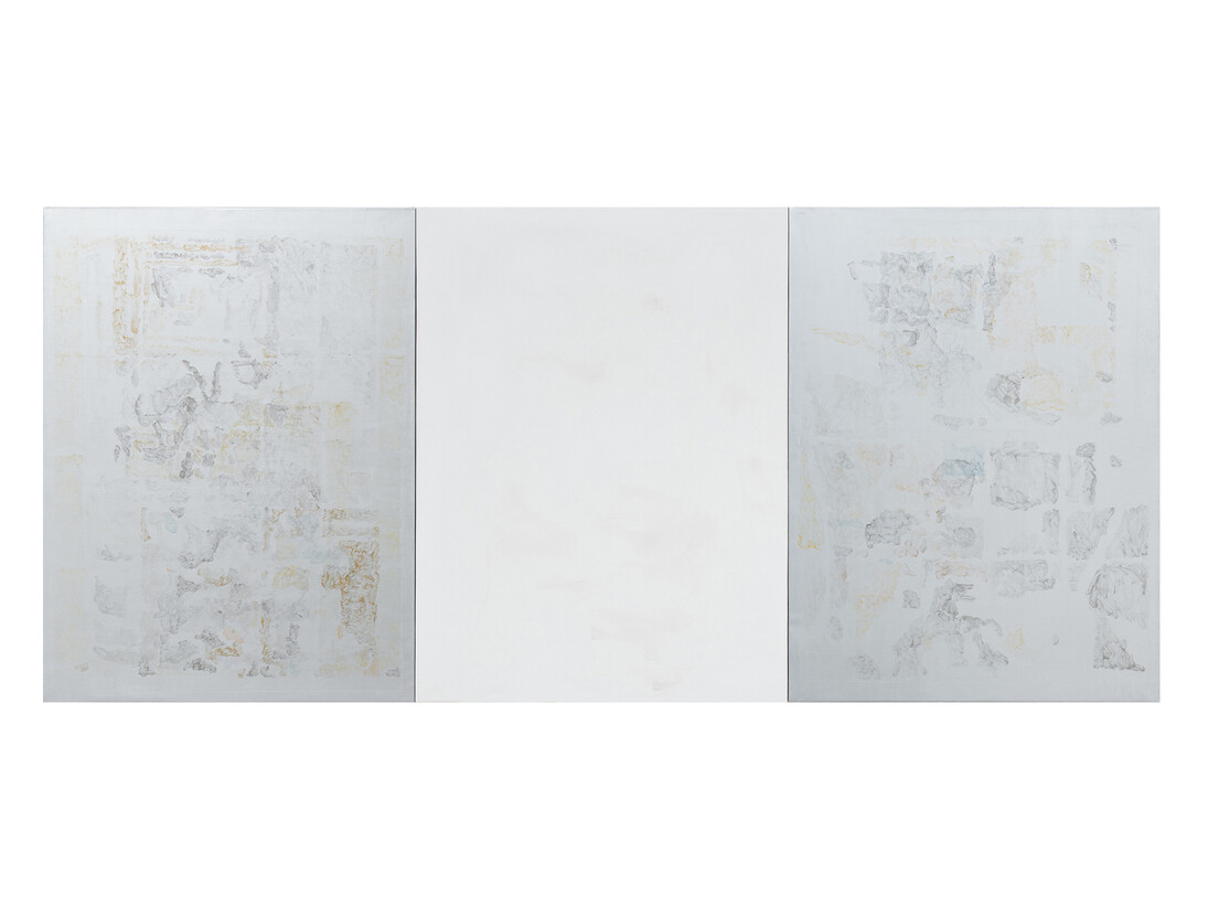 Hiroshi Tachibana, Photograph (Beckett and Mondrian), Photograph (Toy Horses), Photograph (Funazume Shrine), and Photograph (Uta and Kiki), 2014-15, Gel medium transfer, acrylic and gesso on linen, 122 x 274.3 cm
