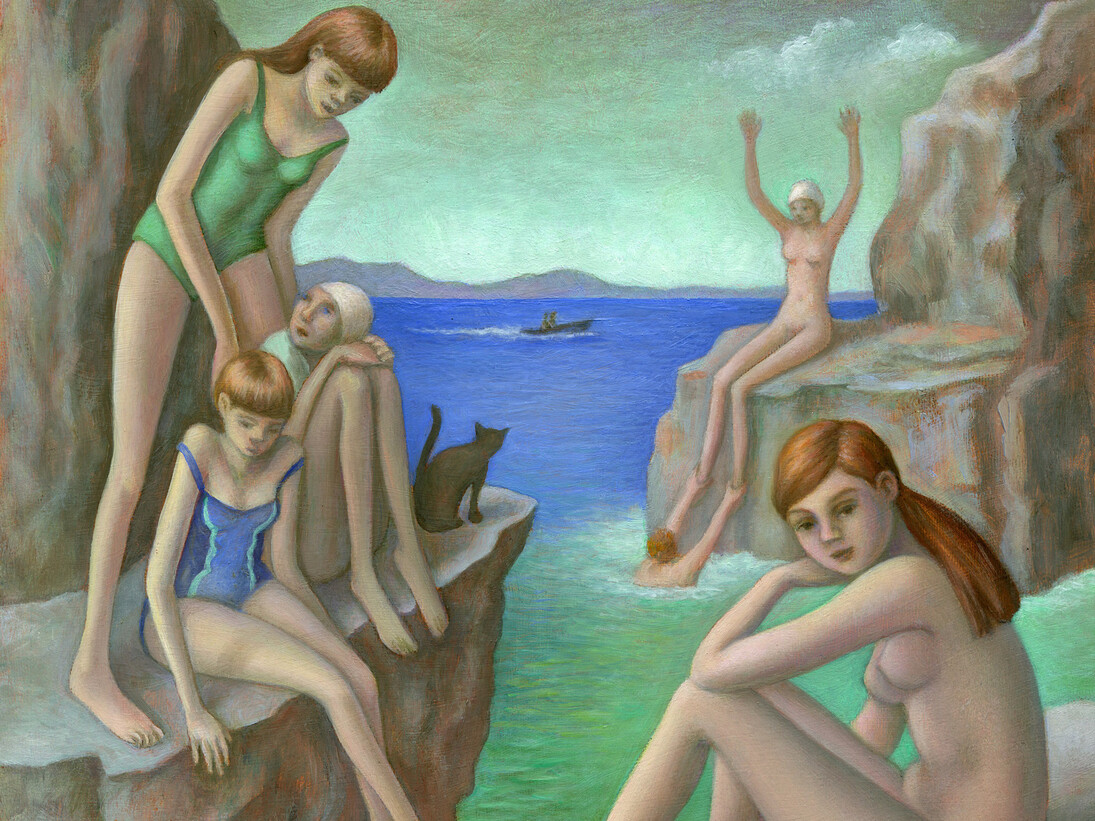 Amy Crehote, Bathers on the rocks, 2016, oil on canvas, 20x20 cm.  Courtesy of Antonio Colombo Arte Contemporanea