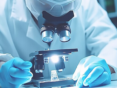In a laboratory setting, a scientist donned in professional attire and protective gear meticulously inspects test tubes while conducting detailed microscopic analyses