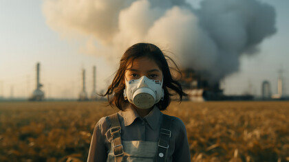 A girl on a field wearing a gas mask, a large cloud of industrial waste behind her
