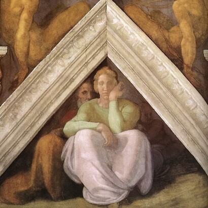 Michelangelo Buonarroti, vela sopra Iesse, Davide e Salomone, "Antenati di Cristo", 1511-12 circa. Cappella Sistina, Città del Vaticano