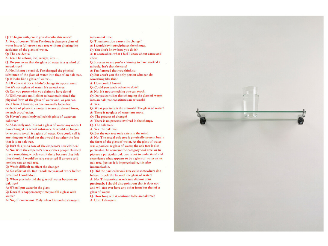 Michael Craig-Martin, An Oak Tree, 1973, Glass, water, shelf and printed text, 5 7/8 x 18 1/8 x 5 1/2 inches  (15 x 46 x 14 cm) © Michael Craig-Martin. Courtesy of the artist and Gagosian Gallery