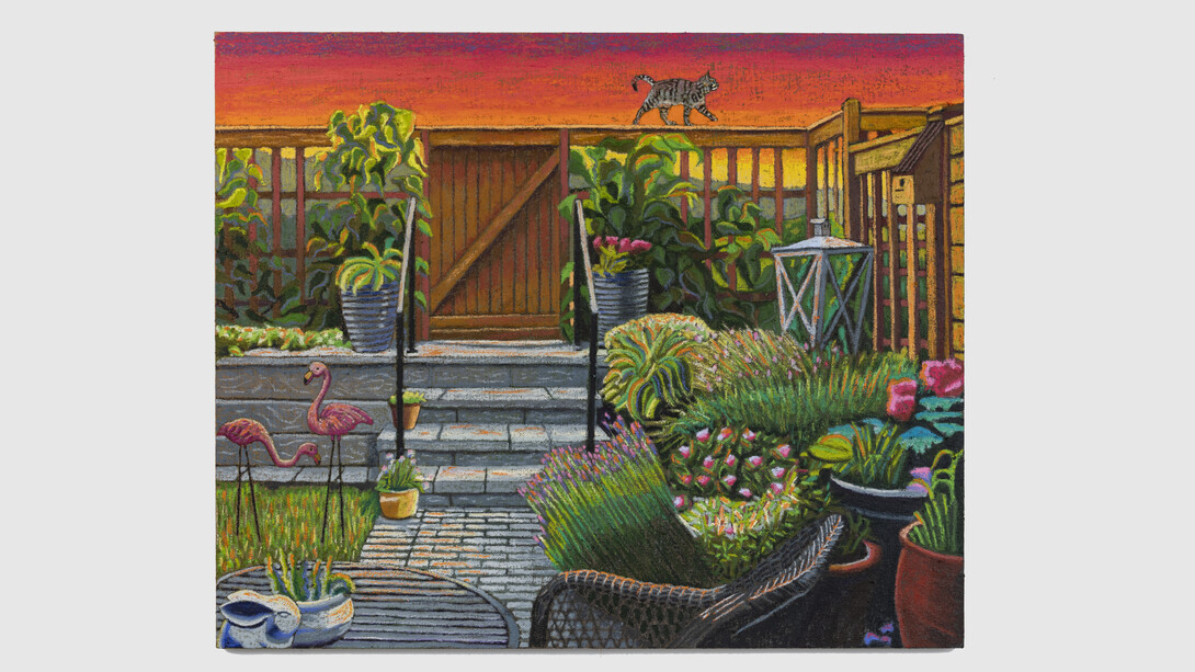 JJ Manford, Suburban Psychedelic Garden with Plastic Flamingos, 2023. Oil stick, oil pastel, and Flashe on burlap over canvas, 64 x 80 inches. Courtesy of Derek Eller Gallery